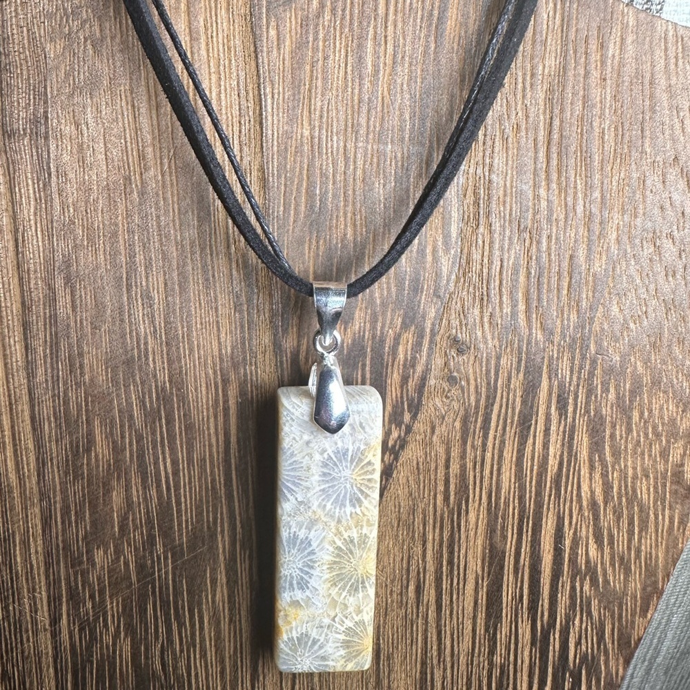 Coral Fossil Thin Rectangle Pendant Necklace on Black Rope - Picture 12 of 16